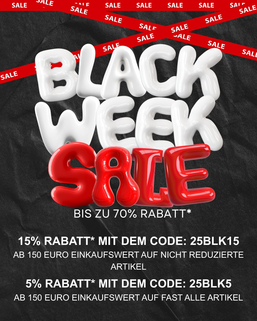 Black Week is on! Die besten Deals des Jahres - nur für kurze Zeit. Spare bis zu 70% und erhalte on TOP 15% bzw 5% 🔥⁠
⁠
⚡️ 15% EXTRA* mit 25BLK15⁠
ab 150€ auf nicht reduzierte Artikel⁠
⁠
⚡️ 5% EXTRA* mit 25BLK5⁠
ab 150€ auf fast alles im Shop⁠
⁠
*Gutscheinkonditionen: Erhalte 15% Rabatt auf nicht reduzierte Artikel ab einem Einkaufswert von 150€ nach Retoure, 5% Rabatt auf fast alle Artikel (auch bereits reduzierte Artikel) ab einem Einkaufswert von 150€ nach Retoure. Ausgeschlossen sind die Kategorien Skier Stöckli und Geschenkgutscheine, sowie die Zahlarten Lastschrift, Ratenzahlung und Rechnung. Gültig bis einschließlich 01.12.2025, nur solange der Vorrat reicht. Nicht mit anderen Aktionen kombinierbar.